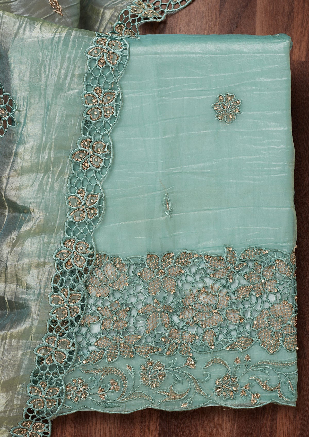 Sea Green Zariwork Semi Crepe Unstitched Salwar Suit-Koskii