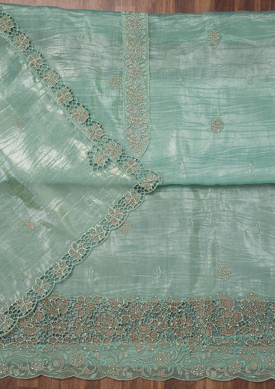 Sea Green Zariwork Semi Crepe Unstitched Salwar Suit-Koskii