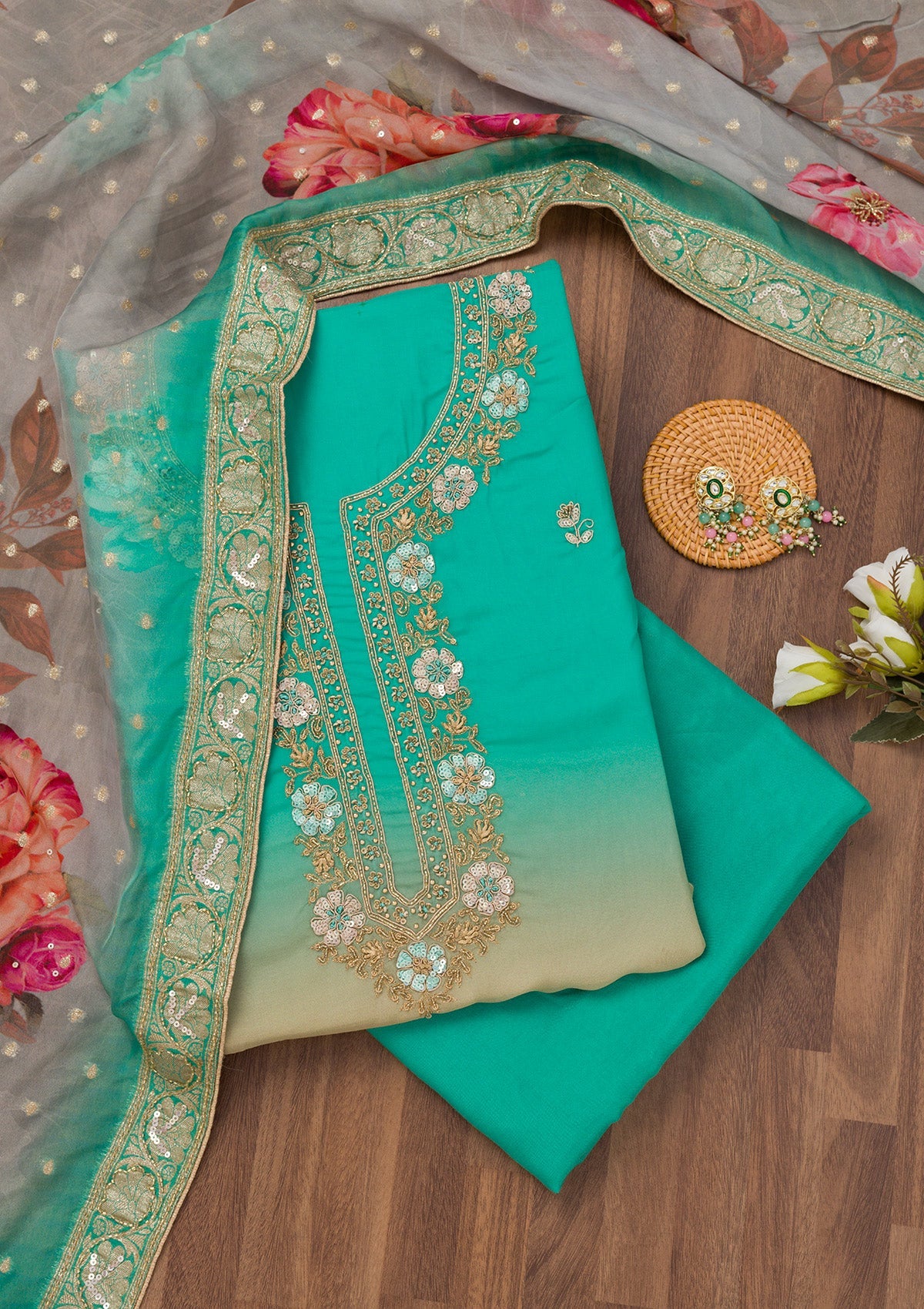 Sea Green Zariwork Semi Crepe Unstitched Salwar Suit-Koskii