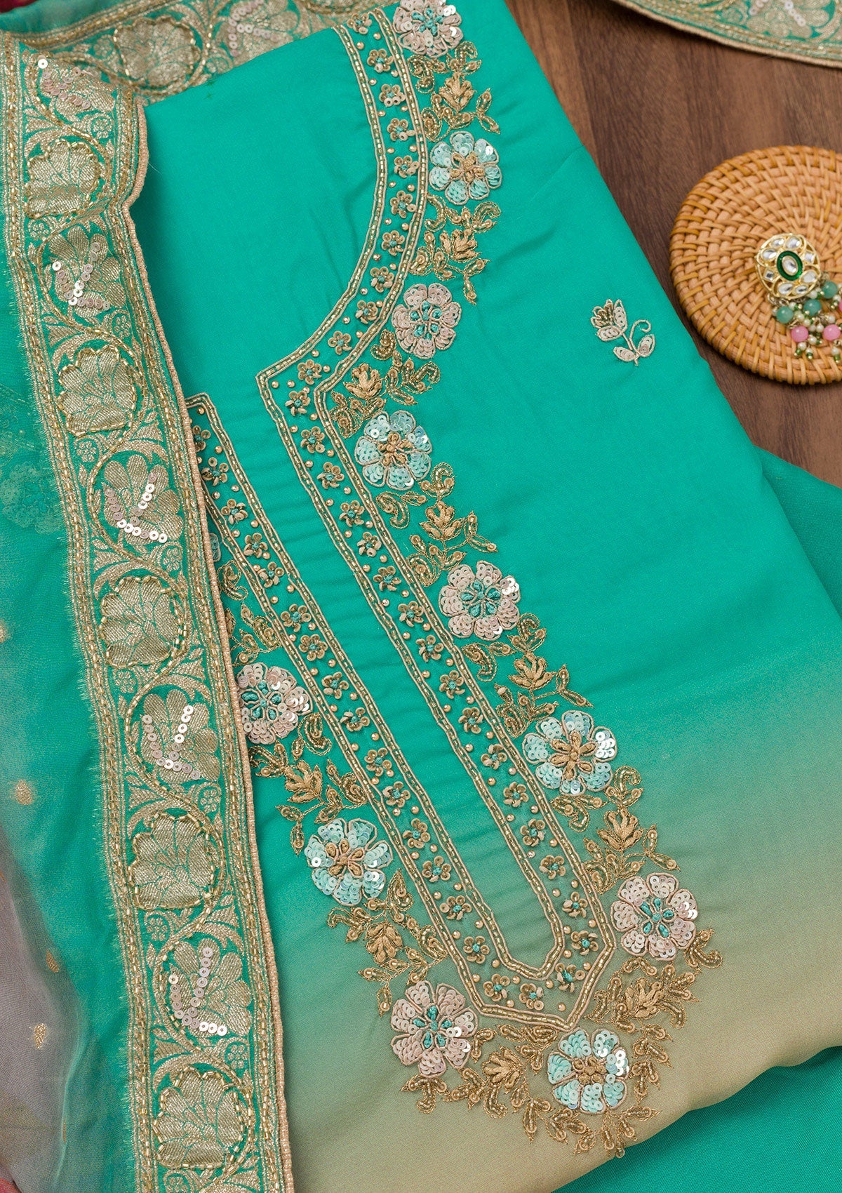 Sea Green Zariwork Semi Crepe Unstitched Salwar Suit-Koskii