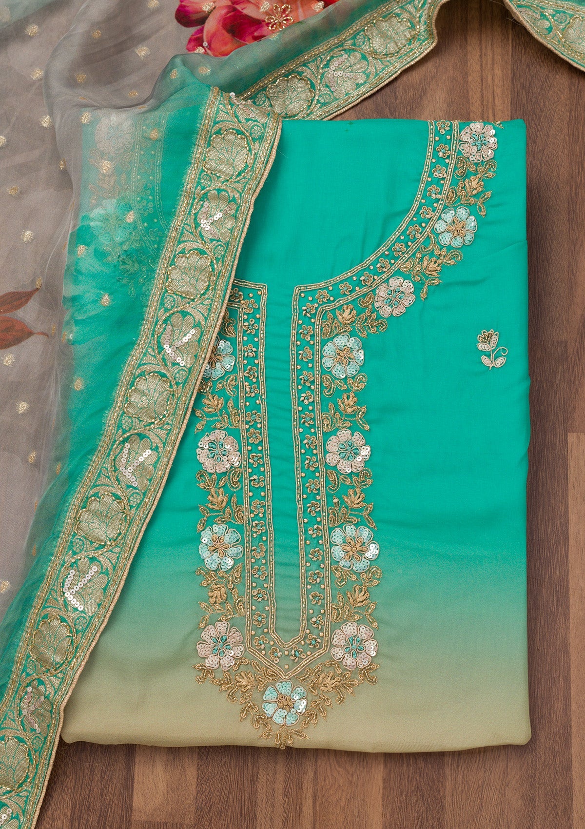 Sea Green Zariwork Semi Crepe Unstitched Salwar Suit-Koskii