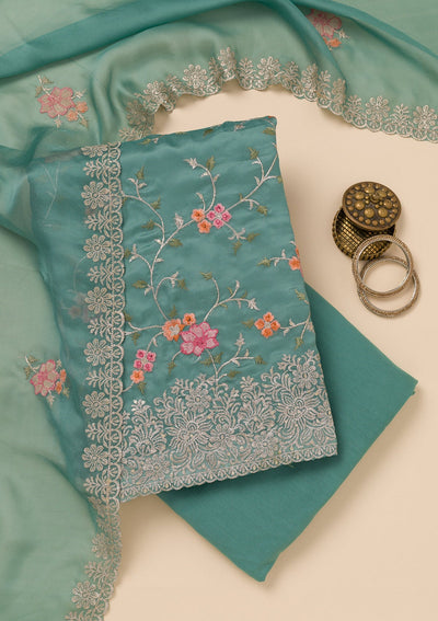 Sea Green Zariwork Semi Crepe Unstitched Salwar Suit-Koskii