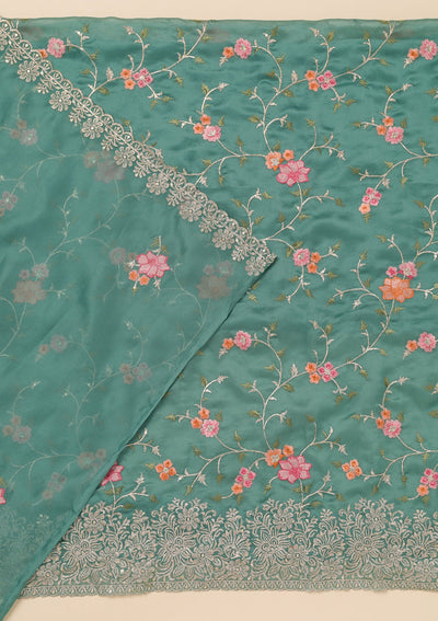 Sea Green Zariwork Semi Crepe Unstitched Salwar Suit-Koskii