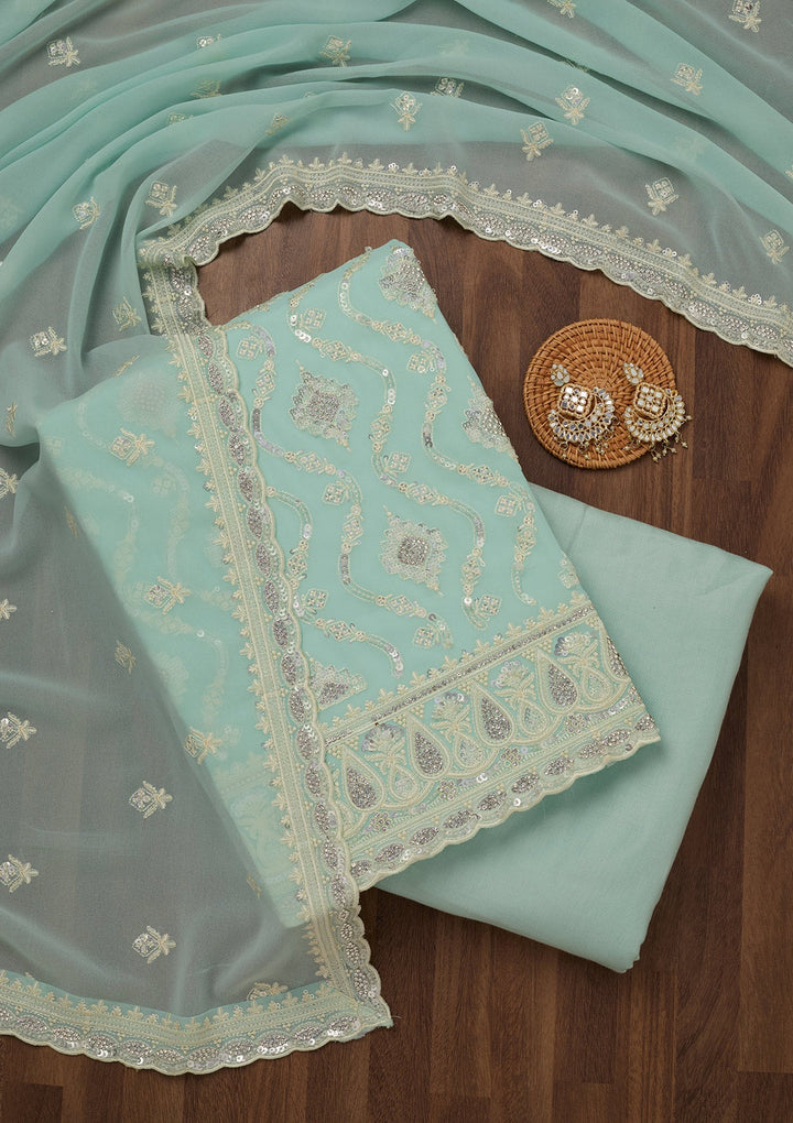 Sea Green Zariwork Semi Crepe Unstitched Salwar Suit-Koskii