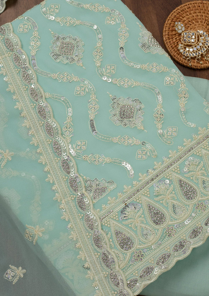 Sea Green Zariwork Semi Crepe Unstitched Salwar Suit-Koskii