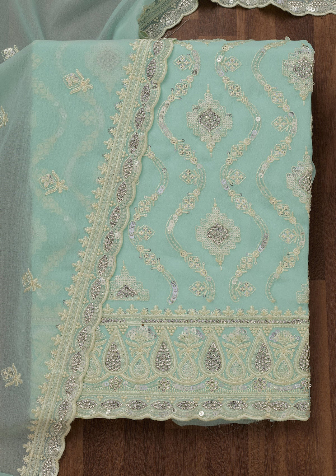 Sea Green Zariwork Semi Crepe Unstitched Salwar Suit-Koskii