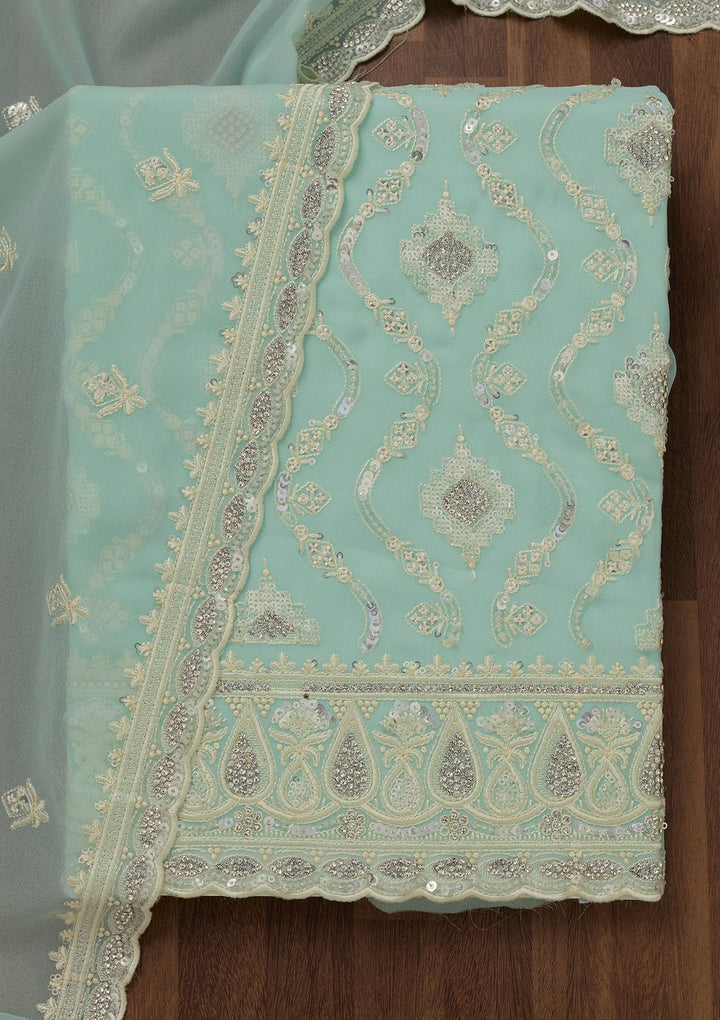 Sea Green Zariwork Semi Crepe Unstitched Salwar Suit-Koskii