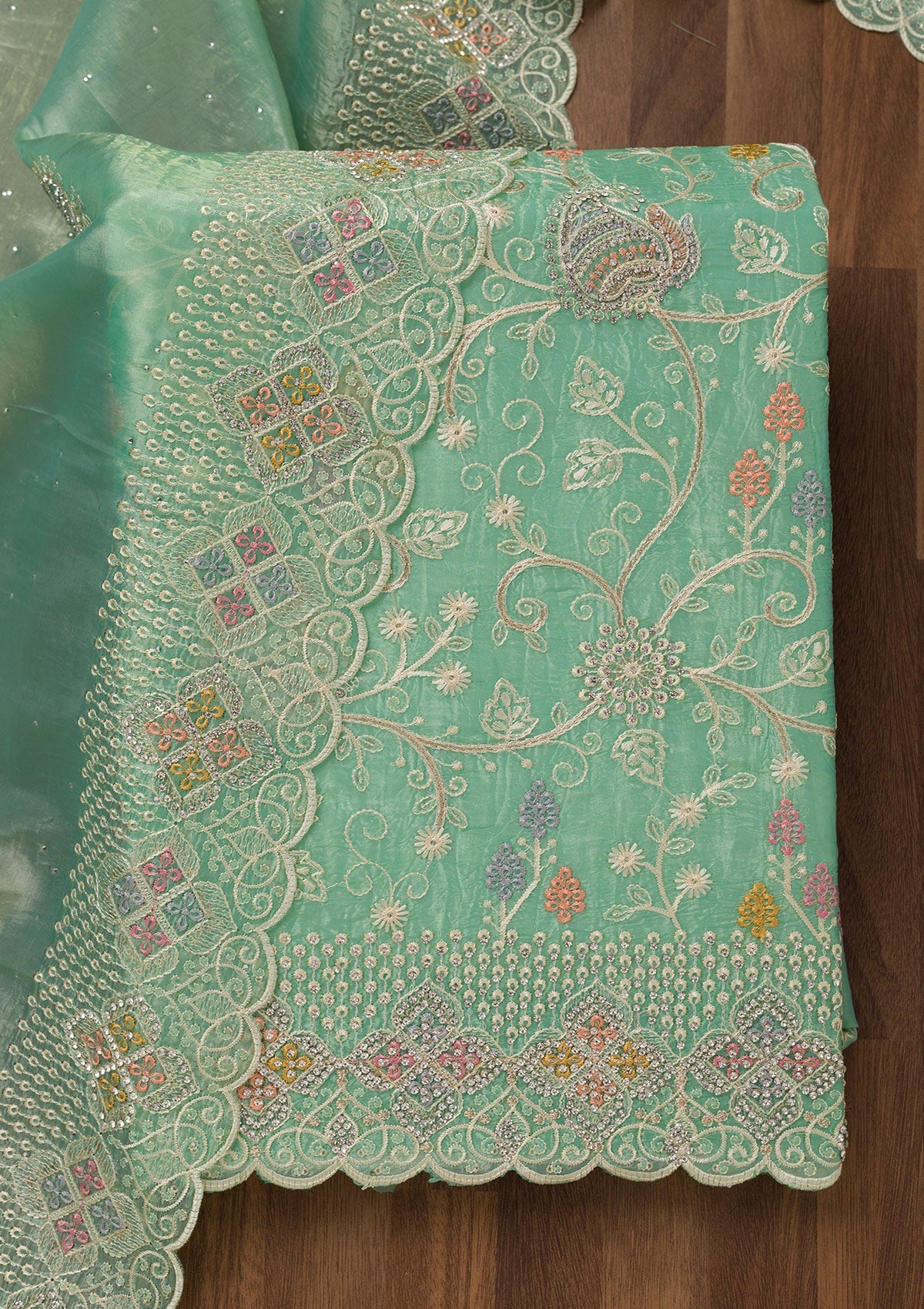 Sea Green Zariwork Semi Crepe Unstitched Salwar Suit-Koskii