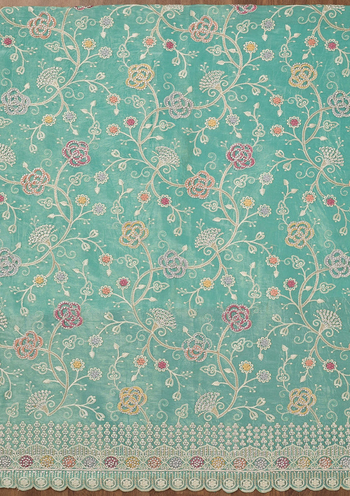 Sea Green Zariwork Semi Crepe Unstitched Salwar Suit-Koskii