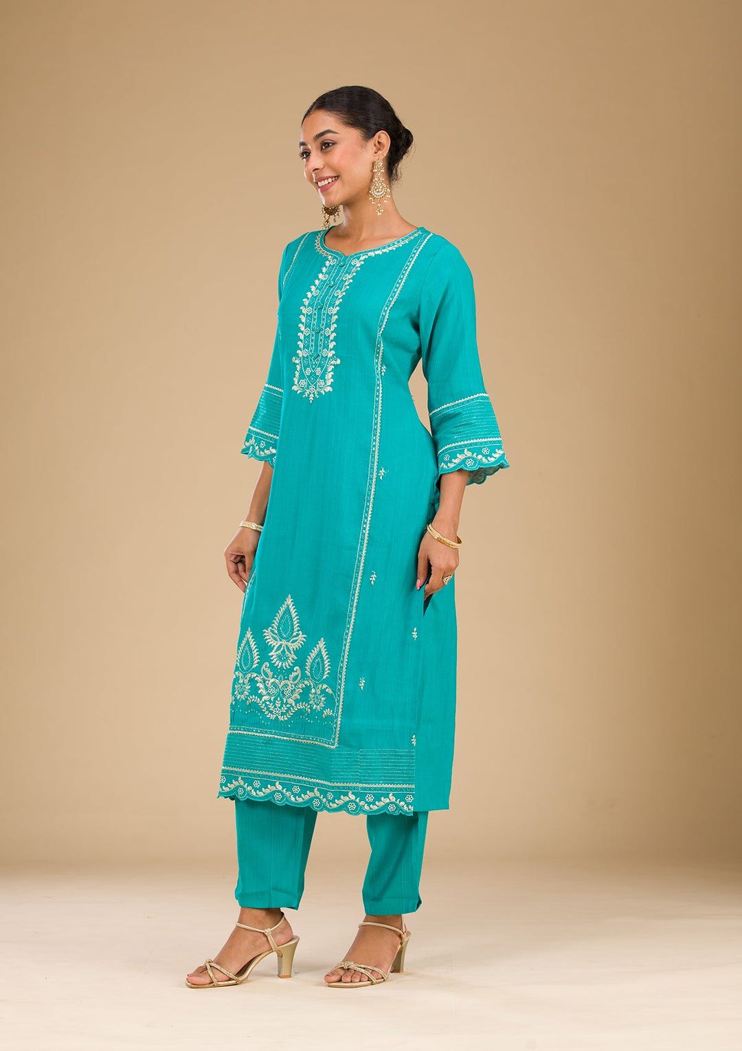 Sea Green Zariwork Silk Readymade Salwar Suit-Koskii