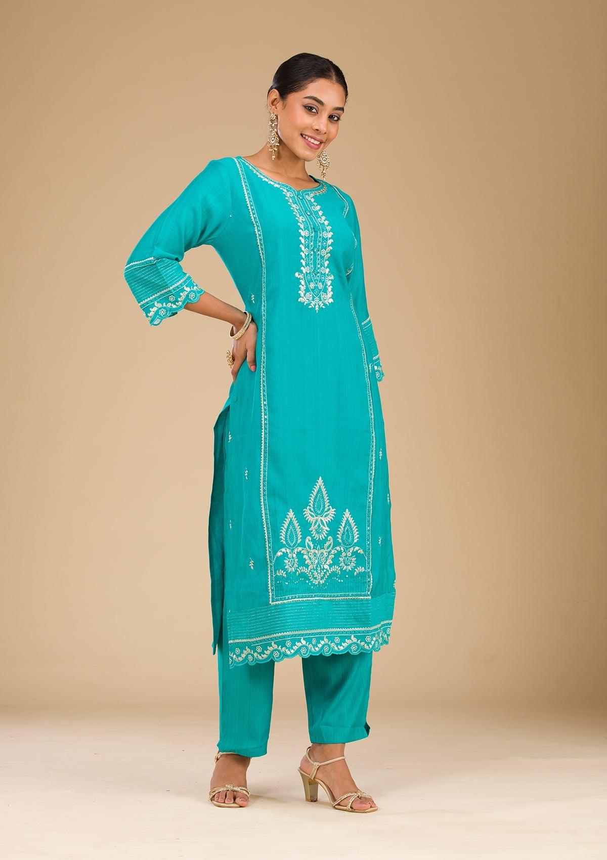 Sea Green Zariwork Silk Readymade Salwar Suit-Koskii