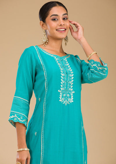 Sea Green Zariwork Silk Readymade Salwar Suit-Koskii