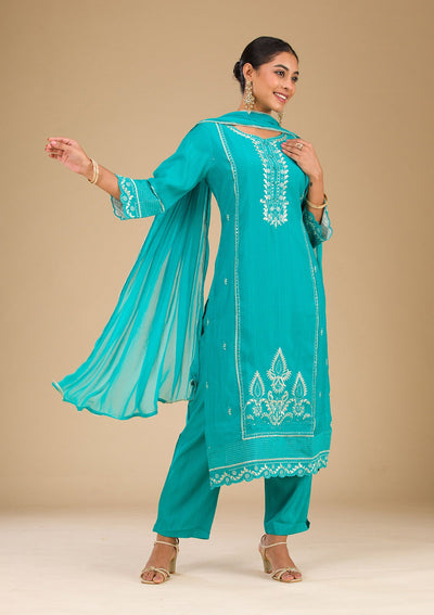 Sea Green Zariwork Silk Readymade Salwar Suit-Koskii