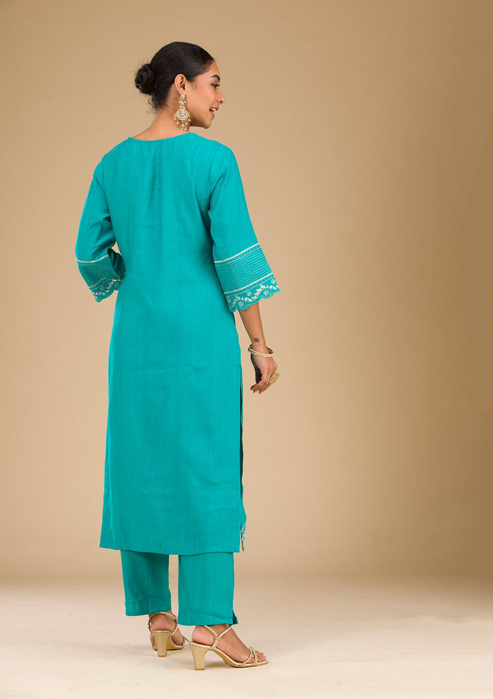 Sea Green Zariwork Silk Readymade Salwar Suit-Koskii