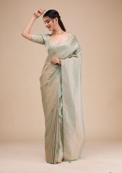 Sea Green Zariwork Soft Silk Saree-Koskii