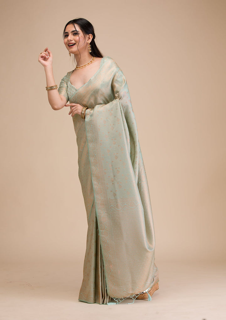 Sea Green Zariwork Soft Silk Saree-Koskii