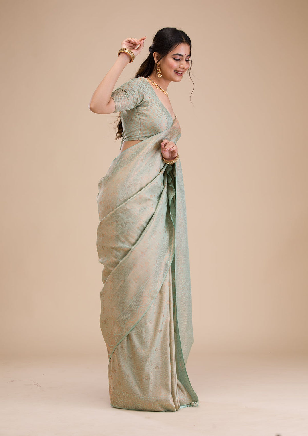 Sea Green Zariwork Soft Silk Saree-Koskii