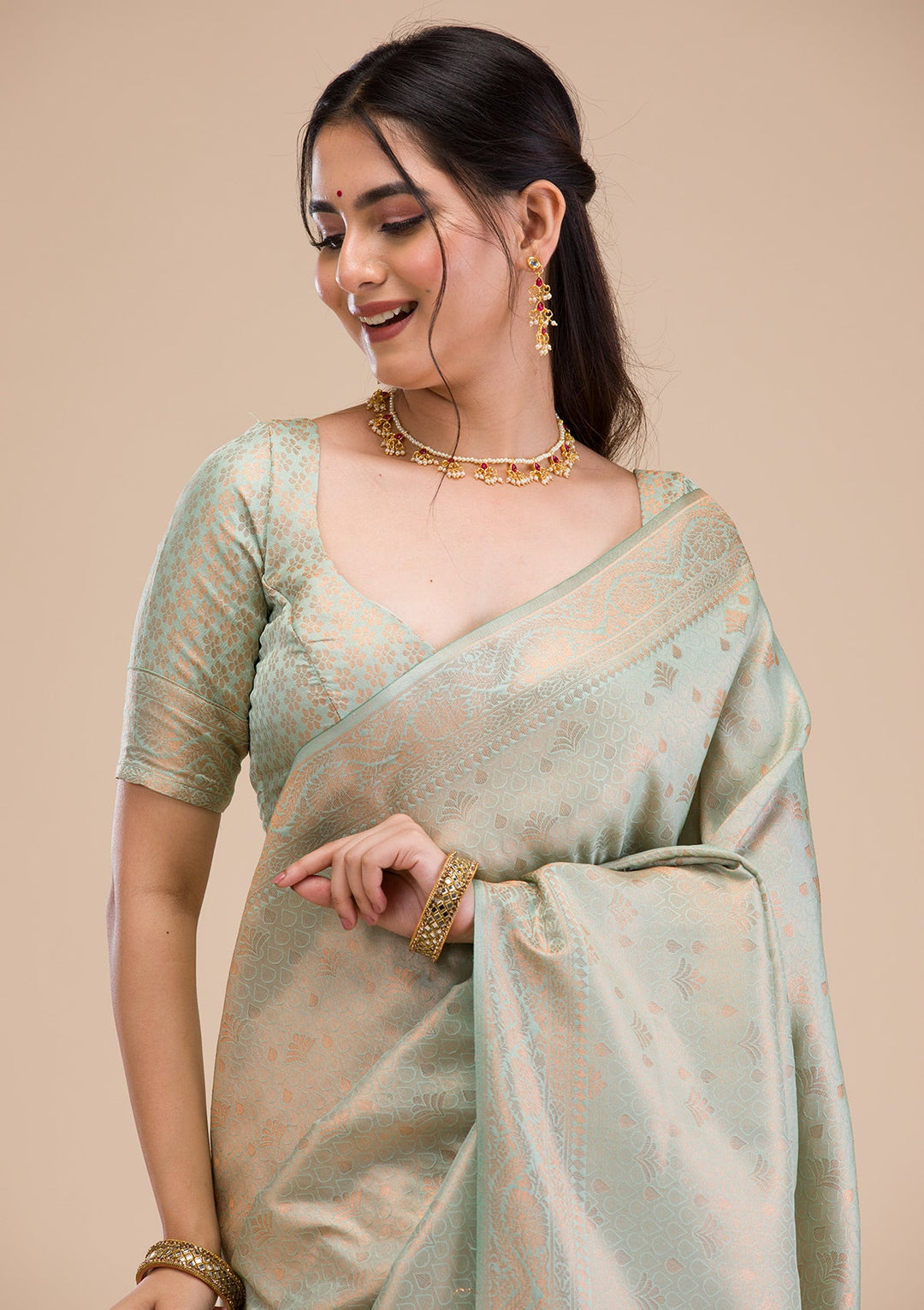 Sea Green Zariwork Soft Silk Saree-Koskii