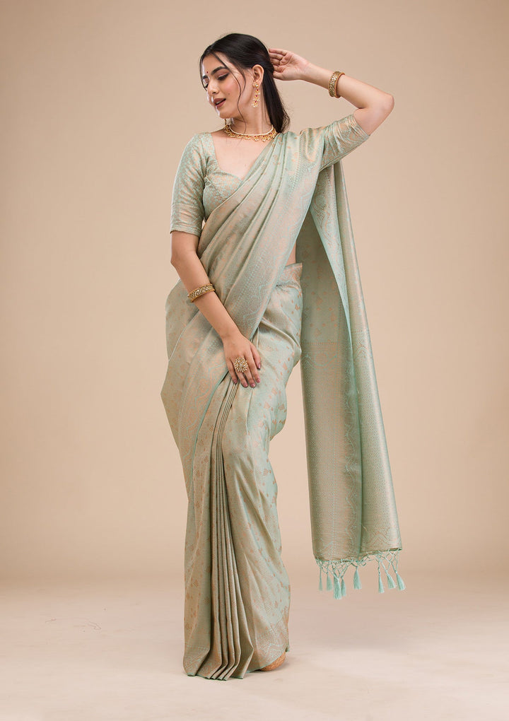 Sea Green Zariwork Soft Silk Saree-Koskii
