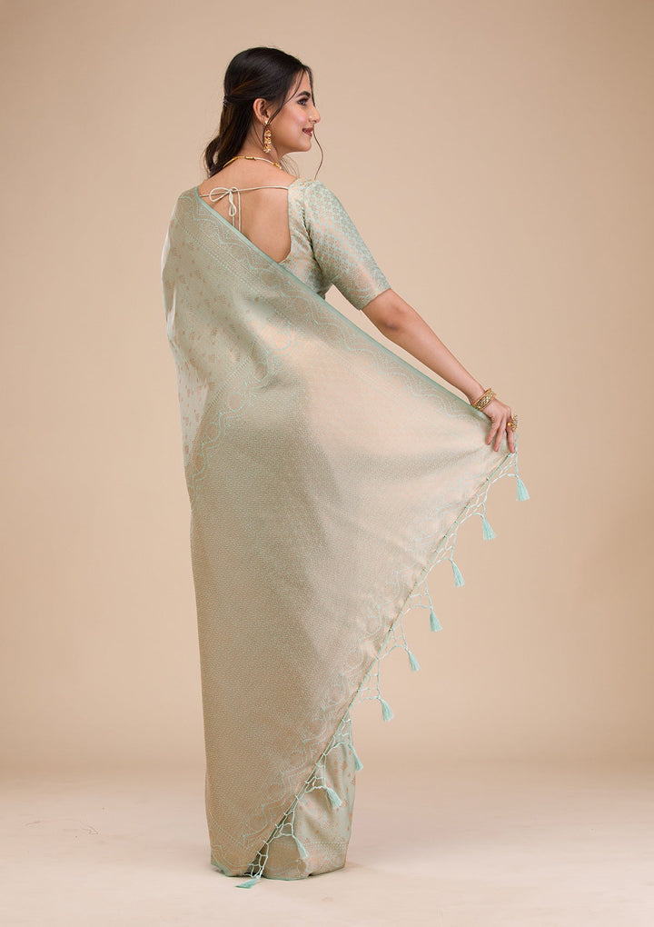 Sea Green Zariwork Soft Silk Saree-Koskii