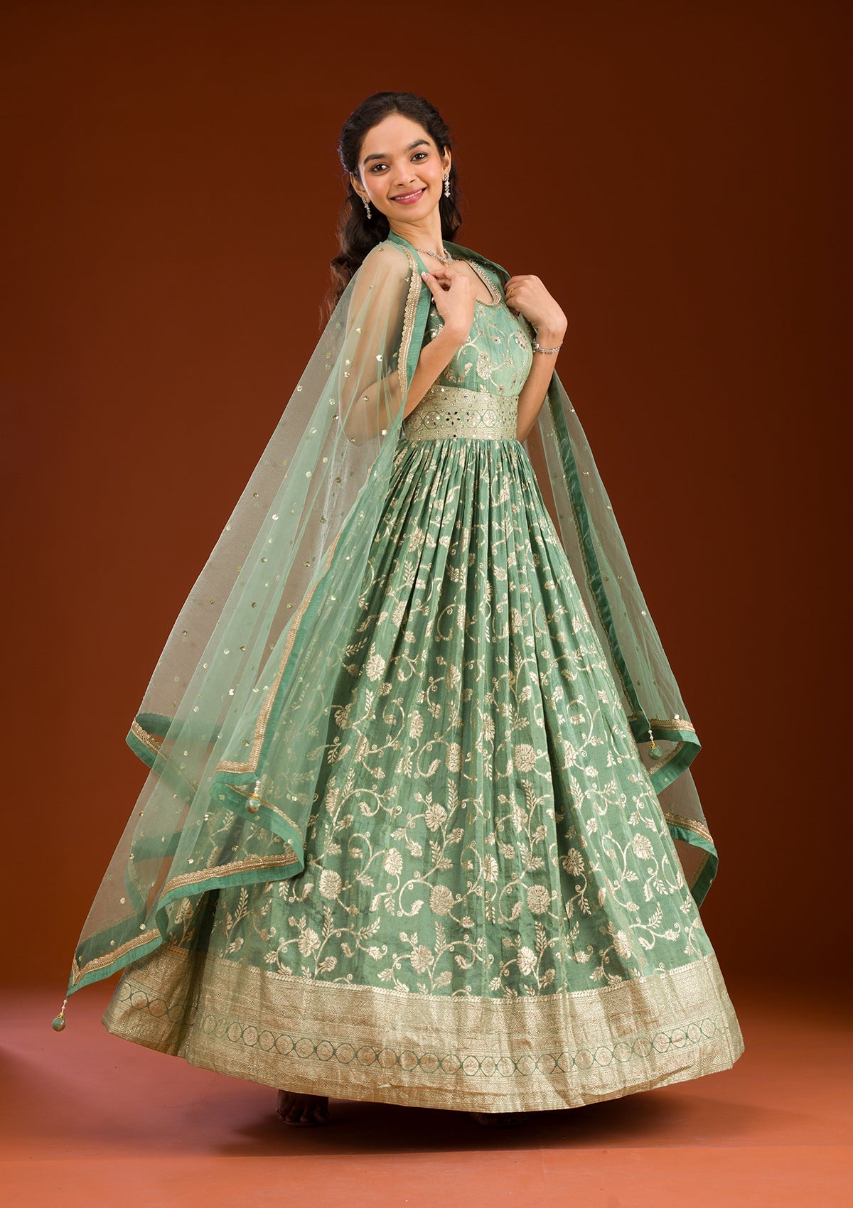 Sea Green Zariwork Tissue Readymade Salwar Suit-Koskii