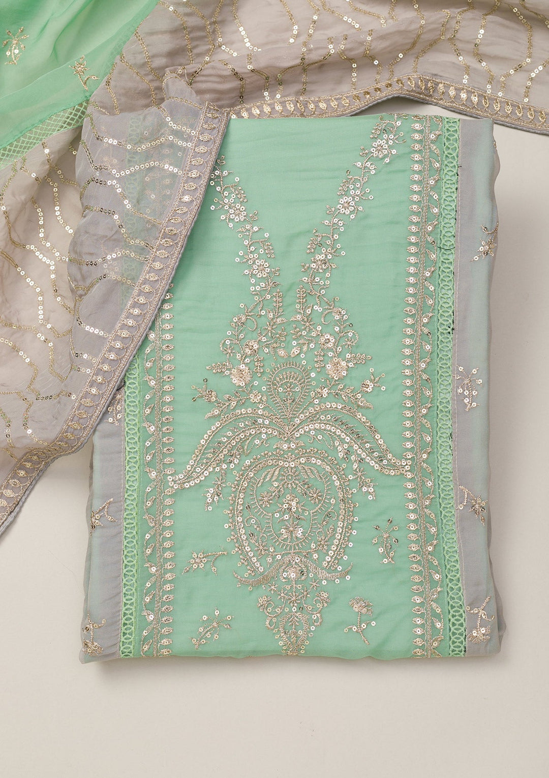 Sea Green Zariwork Tissue Unstitched Salwar Suit-Koskii
