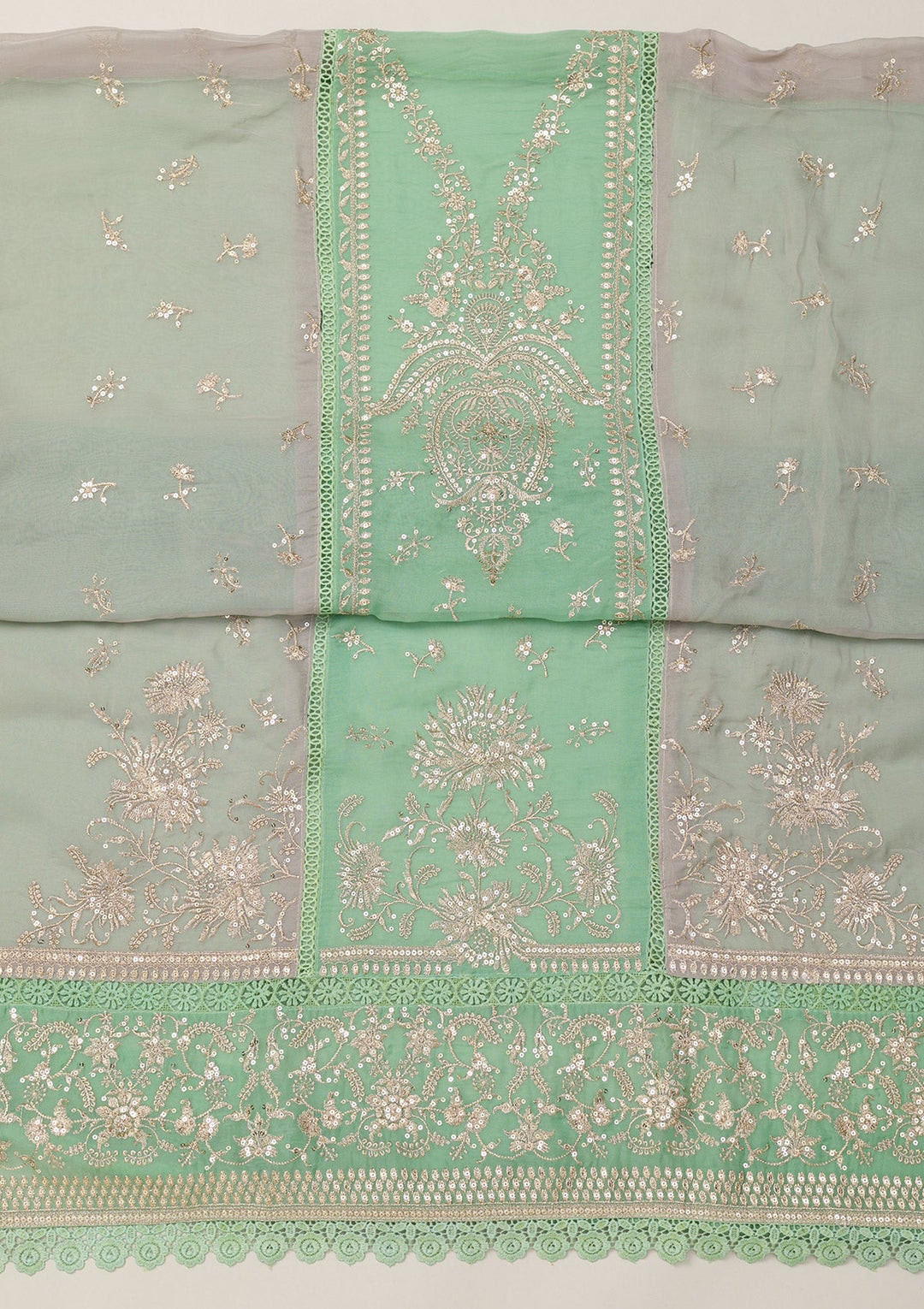 Sea Green Zariwork Tissue Unstitched Salwar Suit-Koskii