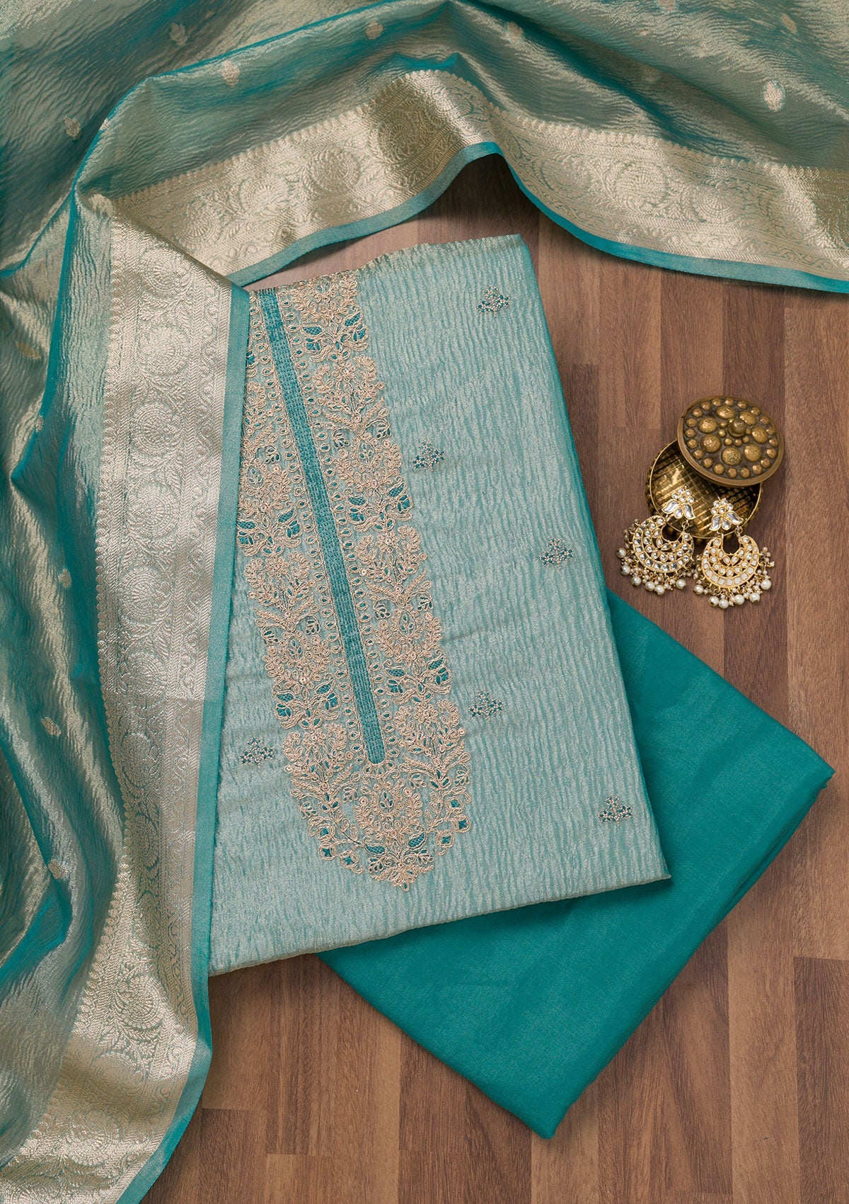 Sea Green Zariwork Tissue Unstitched Salwar Suit-Koskii