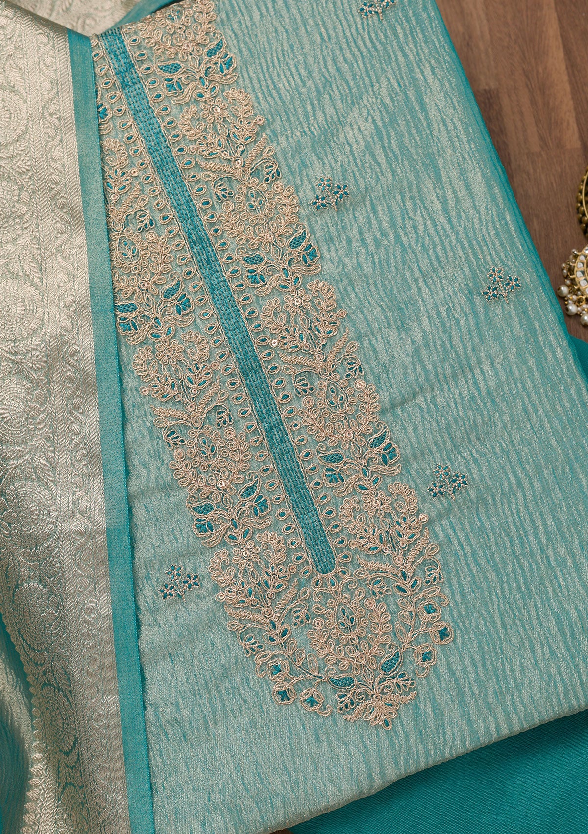 Sea Green Zariwork Tissue Unstitched Salwar Suit-Koskii