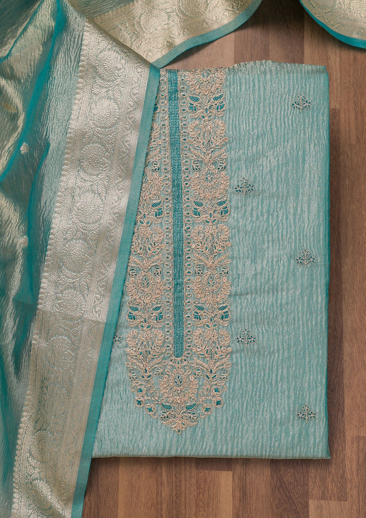 Sea Green Zariwork Tissue Unstitched Salwar Suit-Koskii