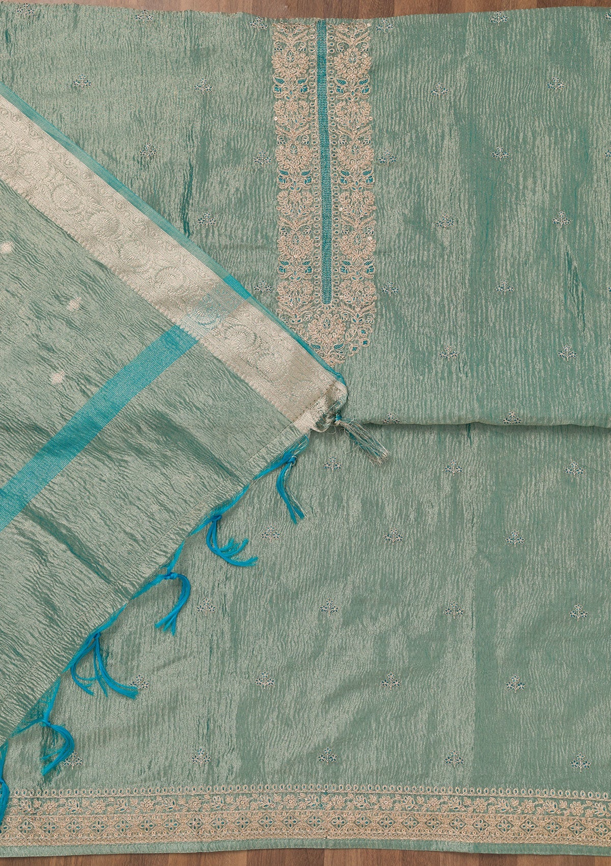 Sea Green Zariwork Tissue Unstitched Salwar Suit-Koskii