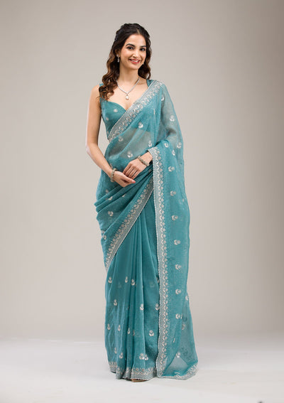 Sea Green Zariwork Tissue Saree-Koskii