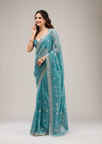 Sea Green Zariwork Tissue Saree-Koskii