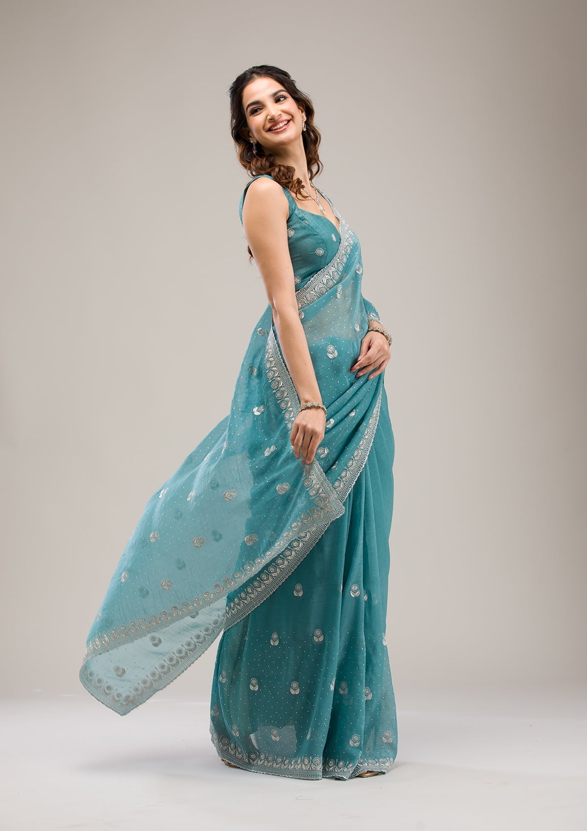 Sea Green Zariwork Tissue Saree-Koskii