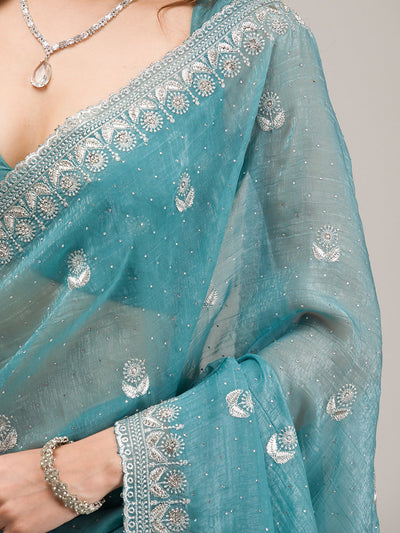 Sea Green Zariwork Tissue Saree-Koskii