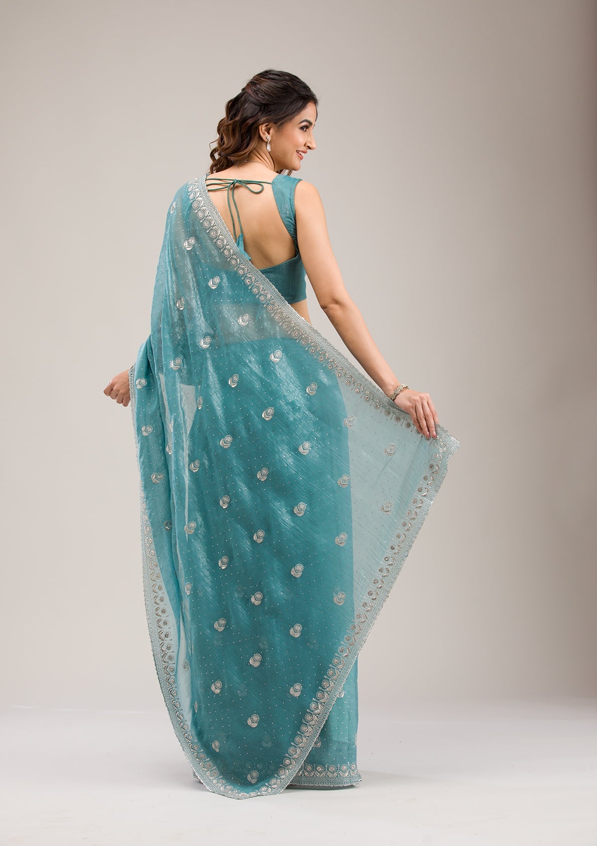 Sea Green Zariwork Tissue Saree-Koskii