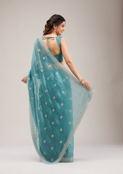 Sea Green Zariwork Tissue Saree-Koskii