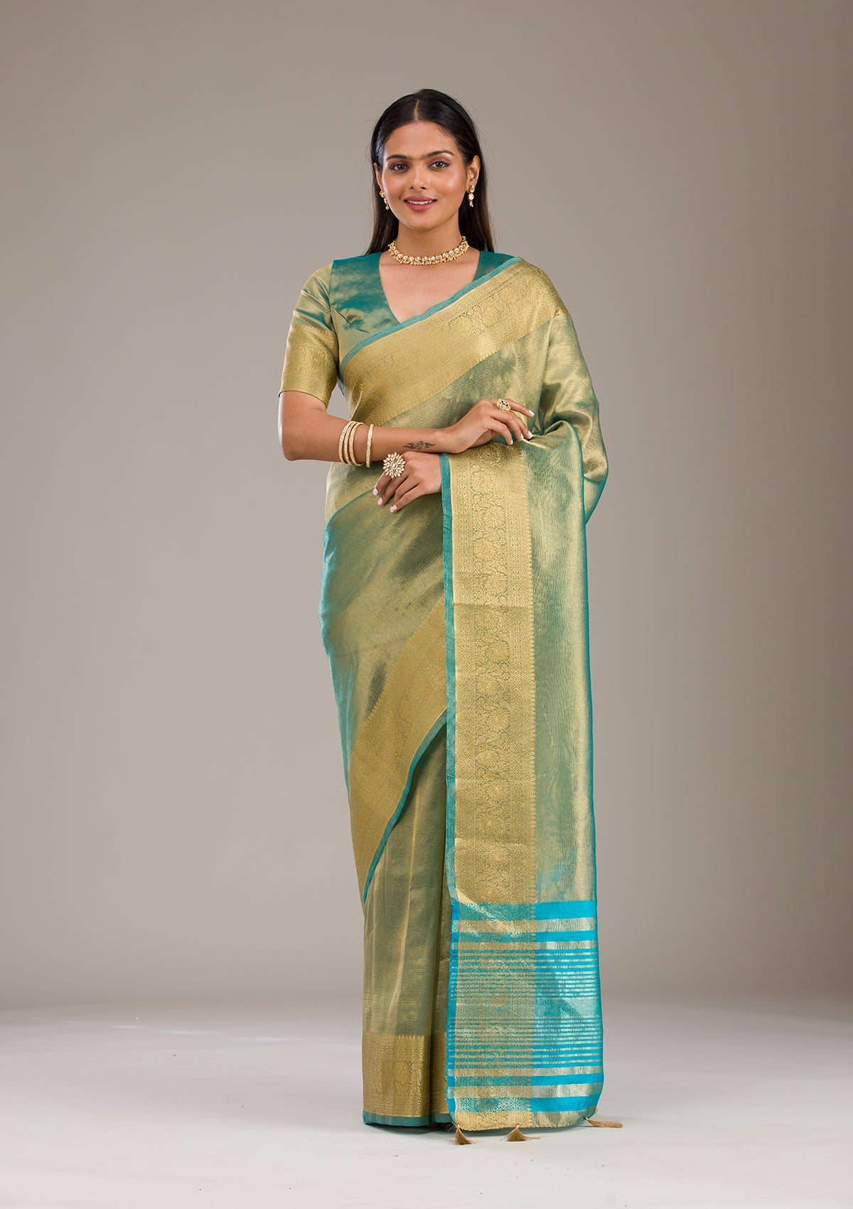 Sea Green Zariwork Tissue Saree-Koskii