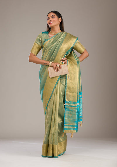 Sea Green Zariwork Tissue Saree-Koskii