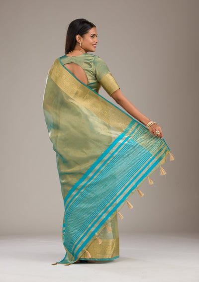 Sea Green Zariwork Tissue Saree-Koskii