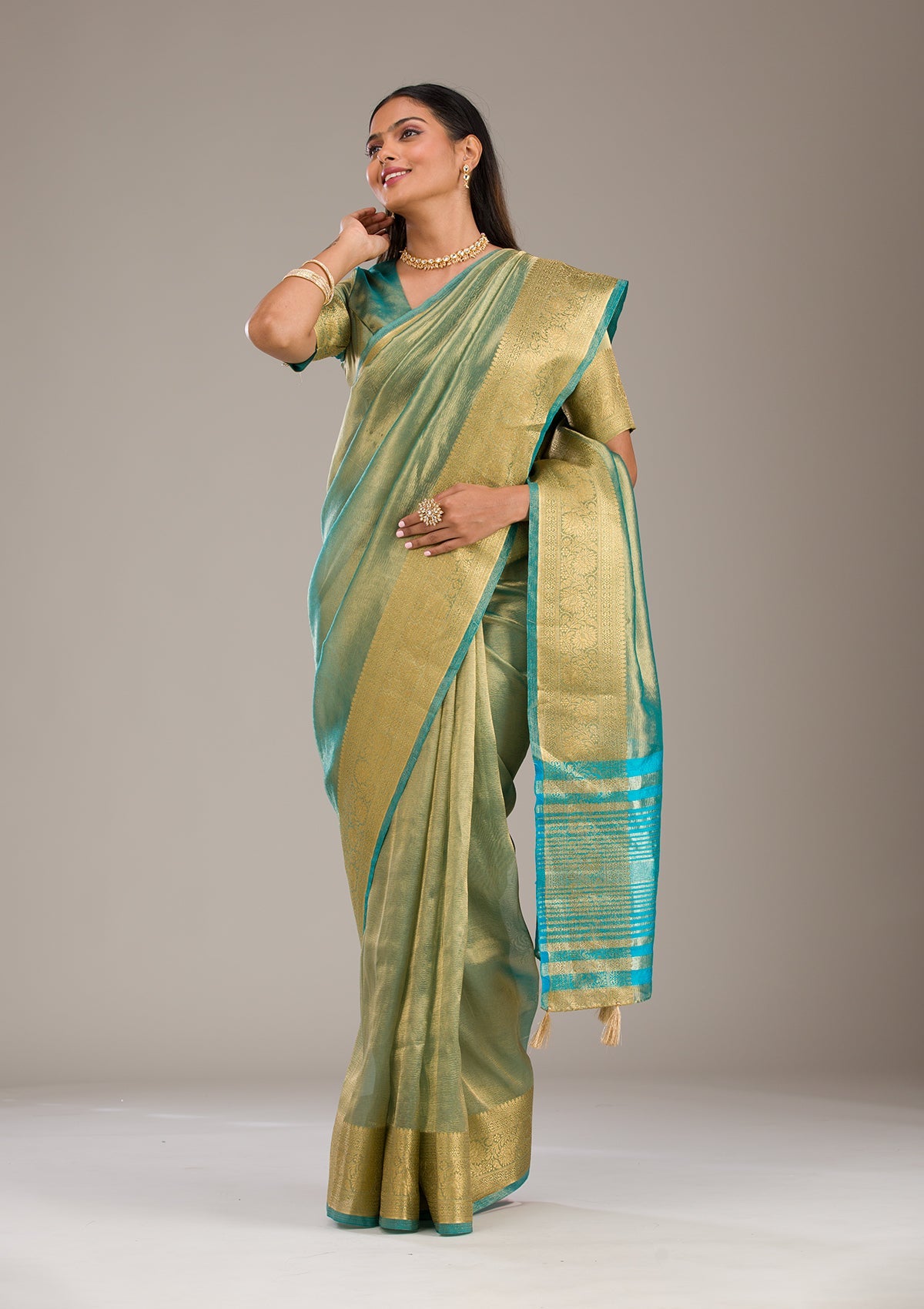 Sea Green Zariwork Tissue Saree-Koskii