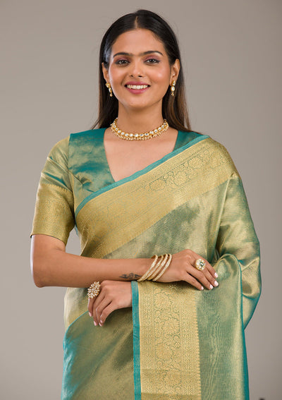 Sea Green Zariwork Tissue Saree-Koskii