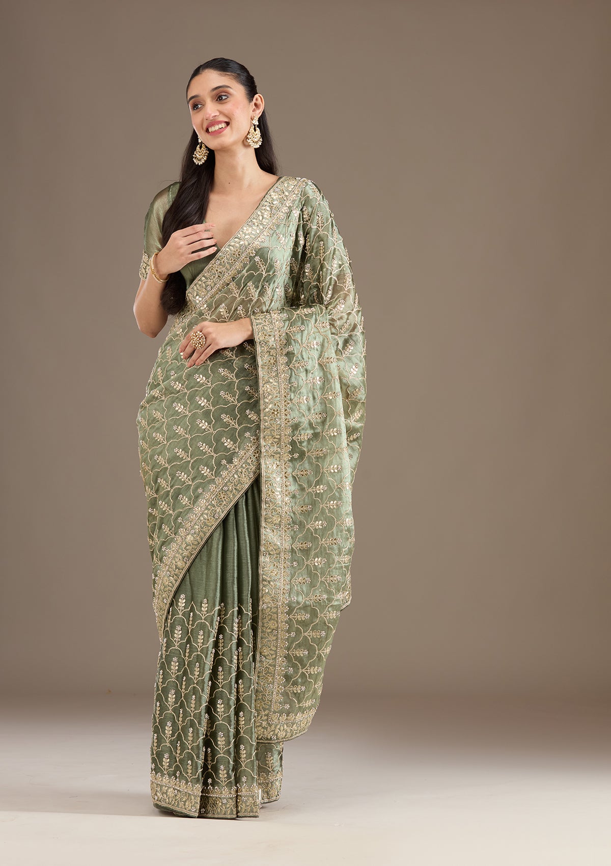 Sea Green Zariwork Tissue Saree-Koskii