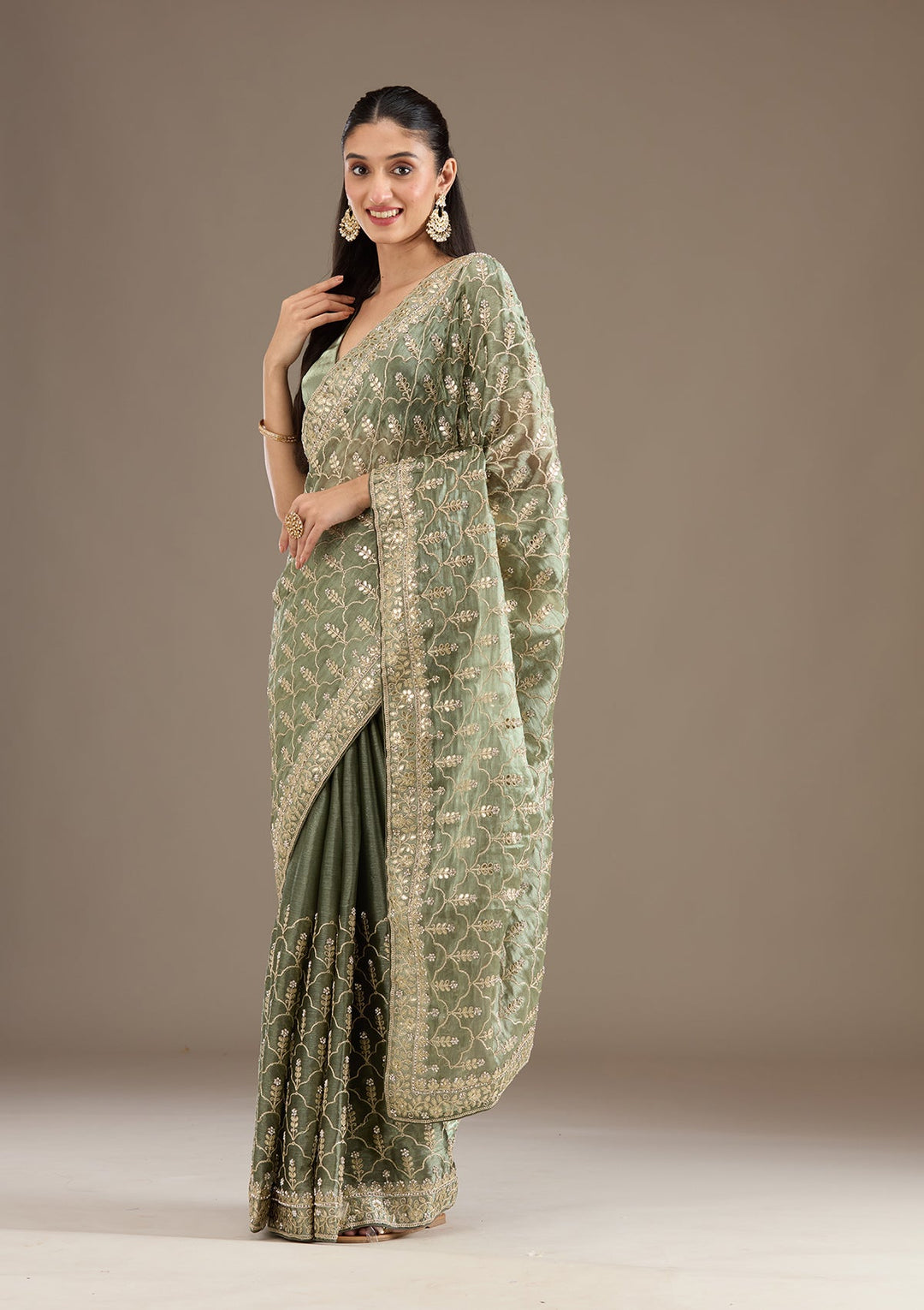 Sea Green Zariwork Tissue Saree-Koskii