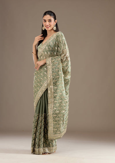 Sea Green Zariwork Tissue Saree-Koskii