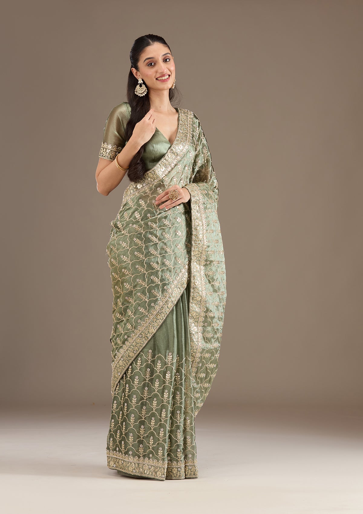 Sea Green Zariwork Tissue Saree-Koskii