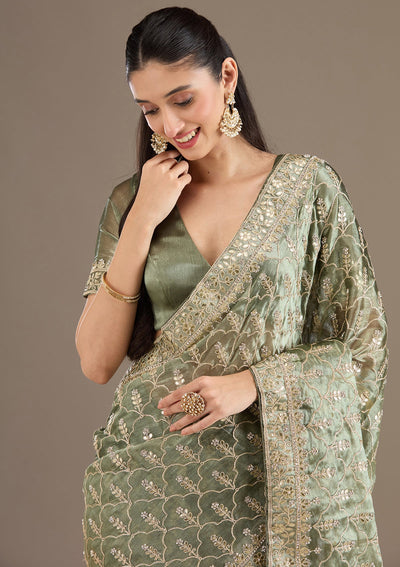 Sea Green Zariwork Tissue Saree-Koskii