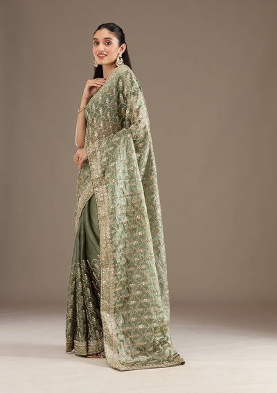 Sea Green Zariwork Tissue Saree-Koskii