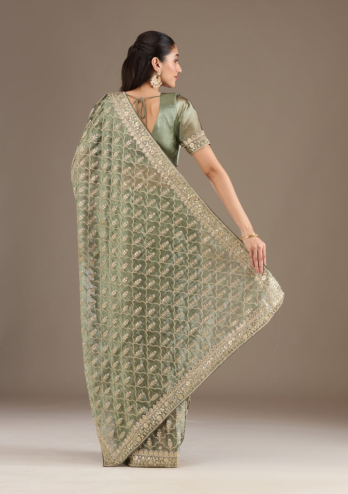 Sea Green Zariwork Tissue Saree-Koskii