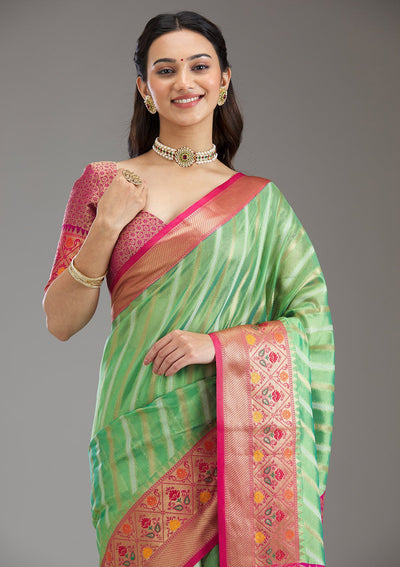 Sea Green Zariwork Tissue Saree-Koskii